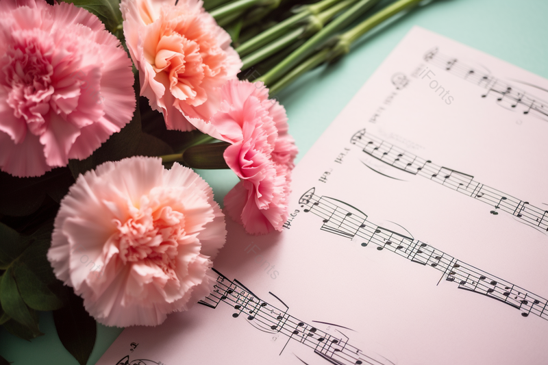 母亲节粉色康乃馨绿色花杆放在五线谱上,高清,摄影图,摄影图片,图片大全,摄影图免费下载